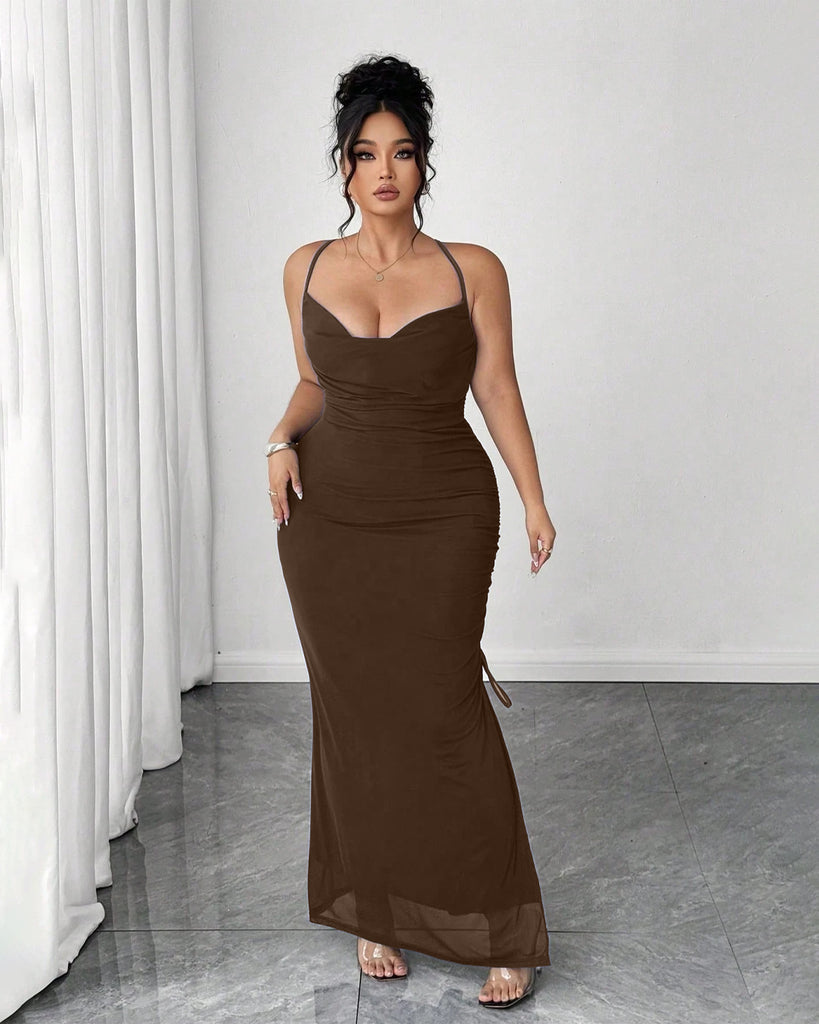 Spaghetti Strap Slit Drawstring Bodycon Dress Curve & Plus in Pageant Blue- Littlebox India
