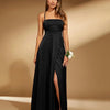 Spaghetti Strap Square Neck A-Line Slit Maxi Dress in Black Front View for Women | Littlebox India