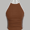 Sporty Ruched Halter Neck Racerback Top in Burnt Orange with Black & White Front View For Women | Littlebox India