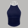 A navy blue and white sporty halter neck racerback top with ruched sides, perfect for an athletic look