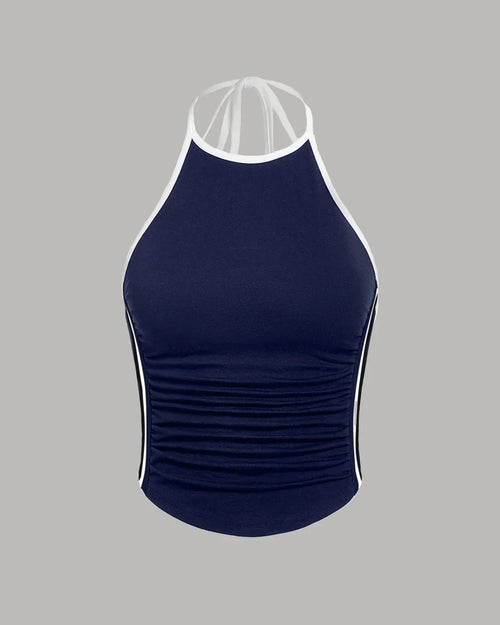 Sporty Ruched Halter Neck Racerback Top in Navy Blue & White Front View For Women | Littlebox India