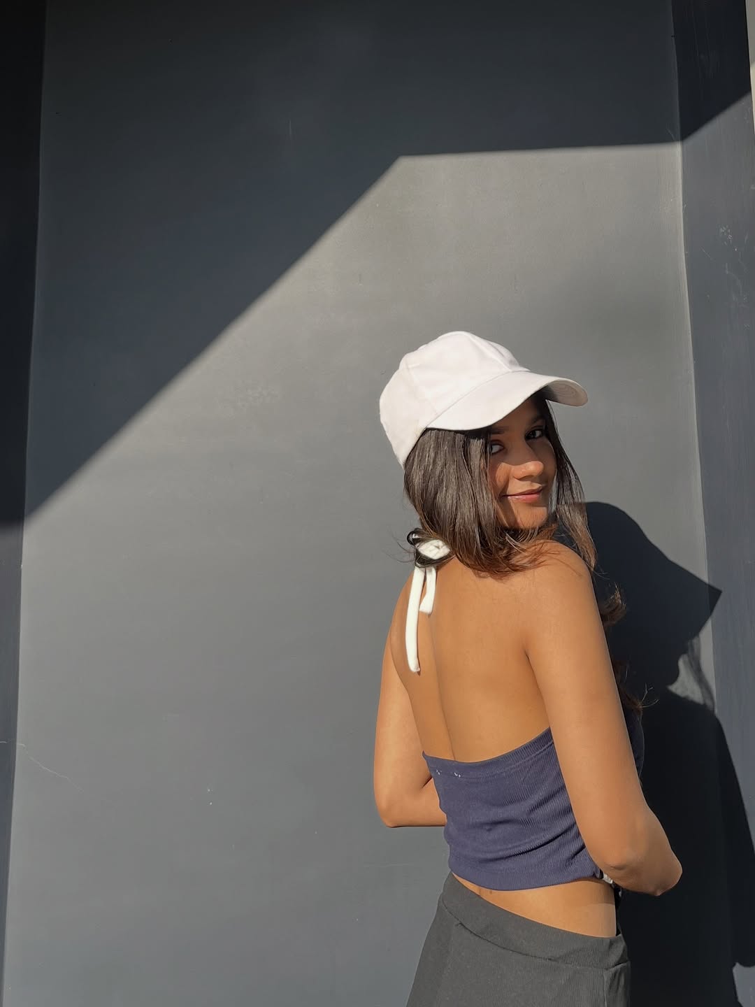 Customer photo 2 of Sporty Ruched Halter Neck Racerback Top in Navy Blue & White