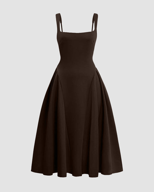 Square Neck Backless Strap Sleeveless Midi Dress in Cocoa Brown Front View for Women | Littlebox India