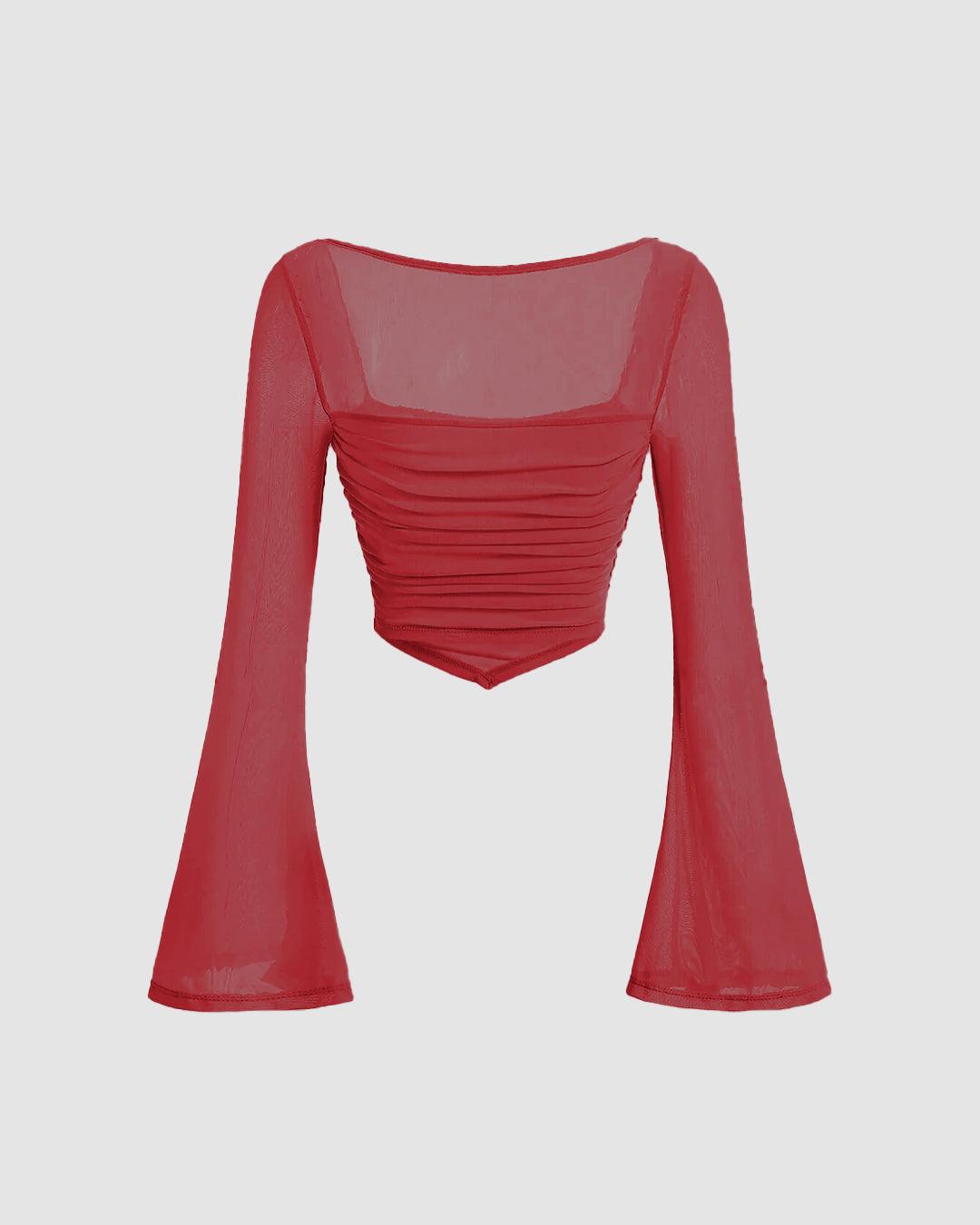 red mesh long sleeve crop top