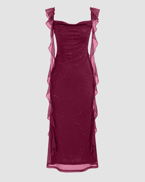 Front view of Maroon square-neck bodycon midi dress with sheer ruffle straps and subtle shimmer, shown front and back.
