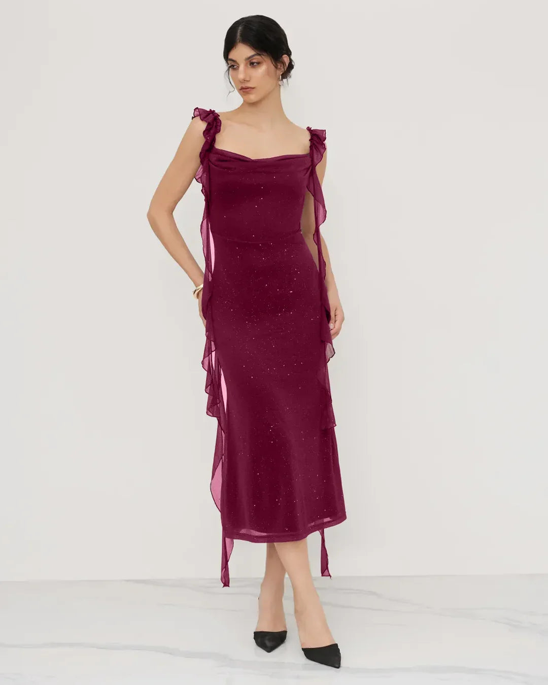 Maroon Ruched Mesh Bodycon Midi Dress