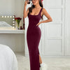 Square Neck Bodycon Twist Back Open Slit Backless Maxi Dress in Burgundy Front View for Women | Littlebox India