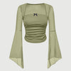 Square Neck Bow Decorated Long Sleeve Green Top Front View For Women | Littlebox India