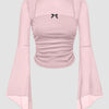 Square Neck Bow Decorated Long Sleeve Light Pink Top Front View for Women | Littlebox India