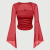 Red long sleeve top with bell sleeves and square neck, featuring a decorative bow detail