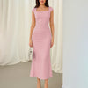Dusty pink square neck cap sleeve bodycon midi dress, showcasing a stylish and elegant design.