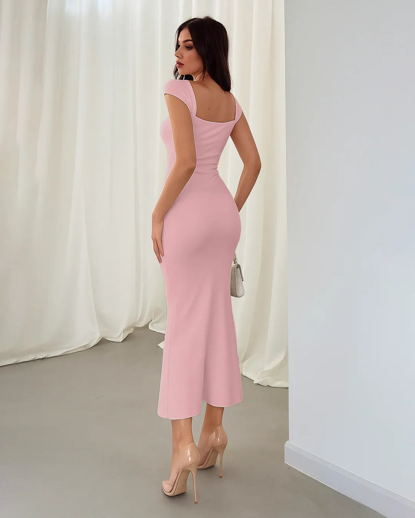 Dusty pink square neck cap sleeve bodycon midi dress, showcasing a stylish and elegant design.