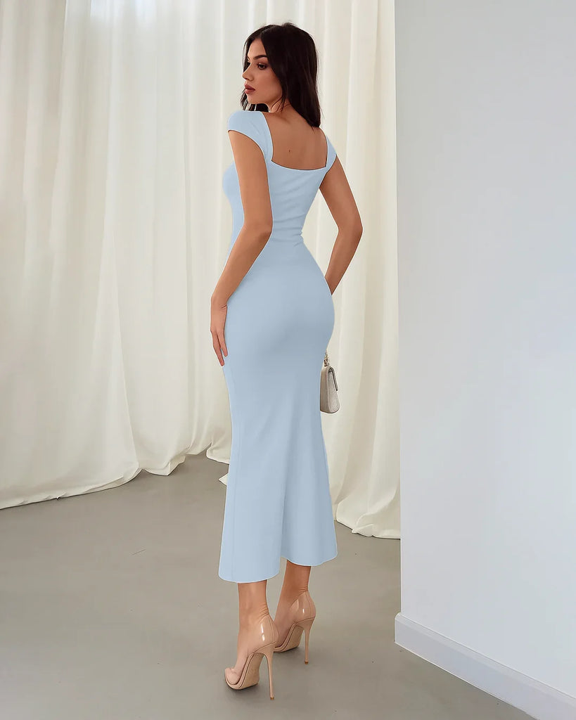Cap Sleeve Bodycon Midi Dress in Ice Blue - Littlebox India