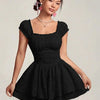 Square Neck Double Layer Short Sleeve Dress In Black Front View for Women | Littlebox India