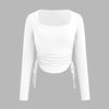 White long sleeve top with a square neck and drawstring tie detail.
