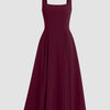 Burgundy square neck fit and flare maxi dress, showcasing a stylish silhouette and elegant design.
