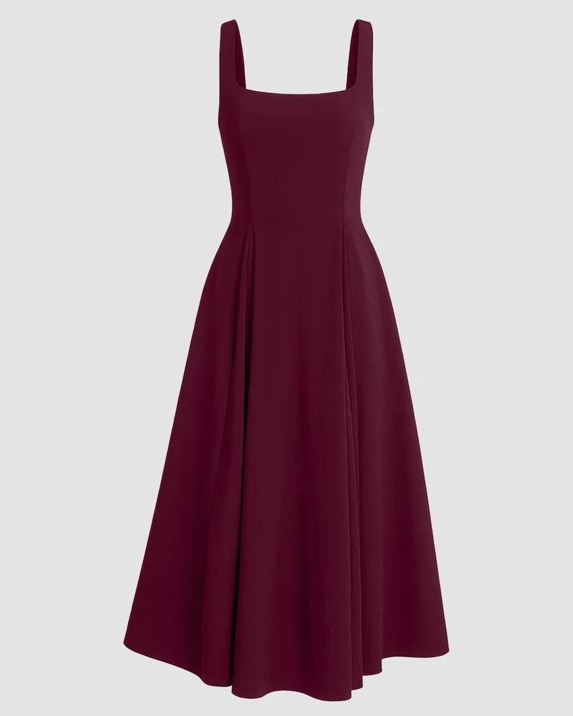 Burgundy square neck fit and flare maxi dress, showcasing a stylish silhouette and elegant design.
