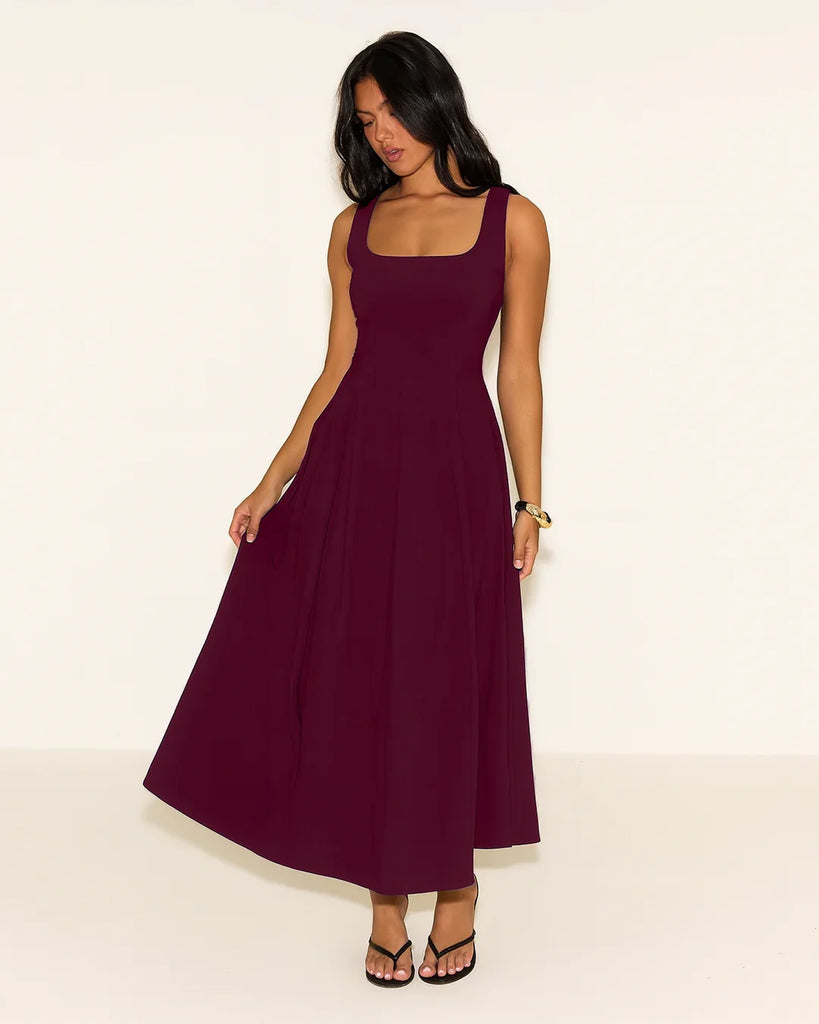 Square Neck Fit & Flare Maxi Dress in Burgundy - Littlebox India Square Neck Fit & Flare Maxi Dress in Burgundy - Littlebox India