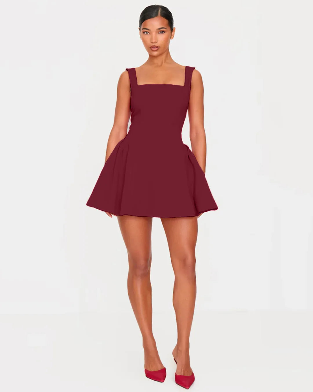 Square Neck Fit & Flare Mini Dress in Burgundy