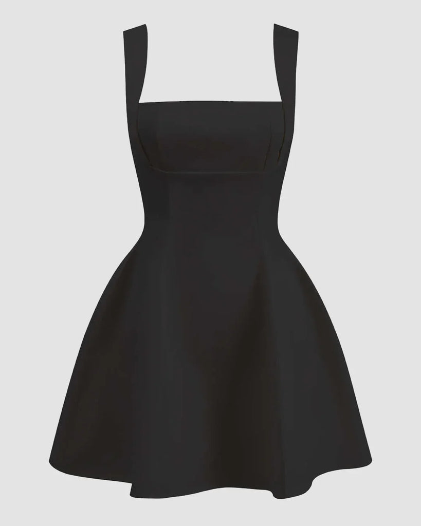 Black sleeveless mini dress with a square neckline and fit-and-flare design.