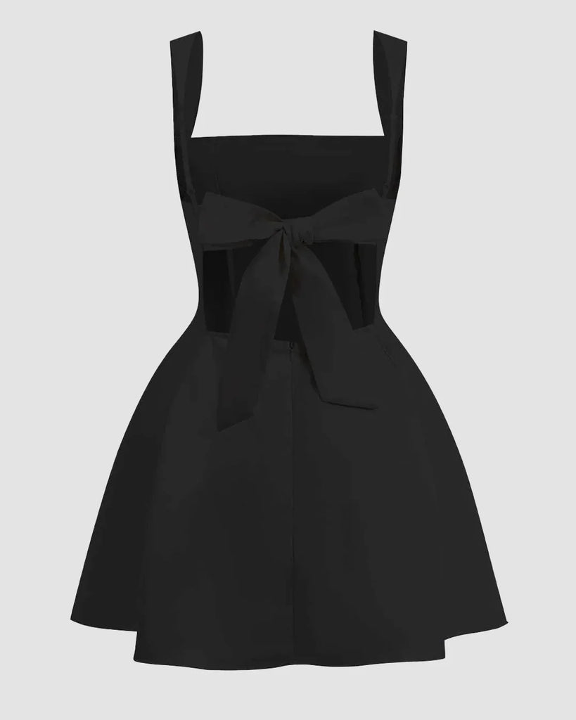 Back view of a Black sleeveless mini dress with a square neckline and fit-and-flare design.