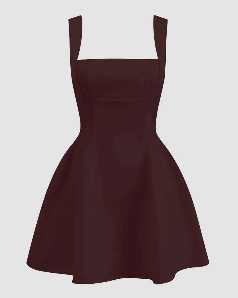 Dark brown sleeveless mini dress with a square neck and fit-and-flare design, labeled as Chocolate.
