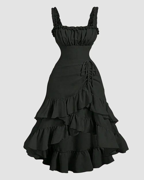 Front view of Black fit and flare dress with ruched bodice, ruffled straps and tiered hem. 