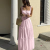 Square Neck Fit and Flare Sleeveless Layered Maxi Dress in Baby Pink Front View for Women | Littlebox India