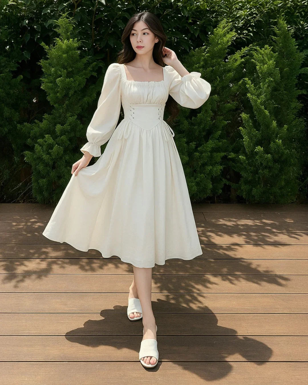 white long vintage dress Square Neck Flare Bust Dress- Littlebox India Color:Amazon spring summer silk PRETTYGARDEN Women's A Line The sheer neckline and