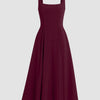 Square Neck Flared Burgundy Maxi Dress Front View for Women | Littlebox India