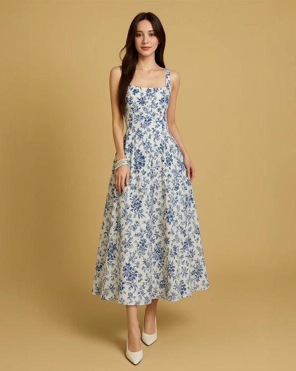 Square Neck Floral Corset Lace Up Midi Dress