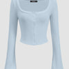Square Neck Front Button Full Sleeve Top in Ice Blue Front View for Women | Littlebox India