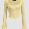 Square Neck Front Button Full Sleeve Top in Vanilla Front View for Women | Littlebox India