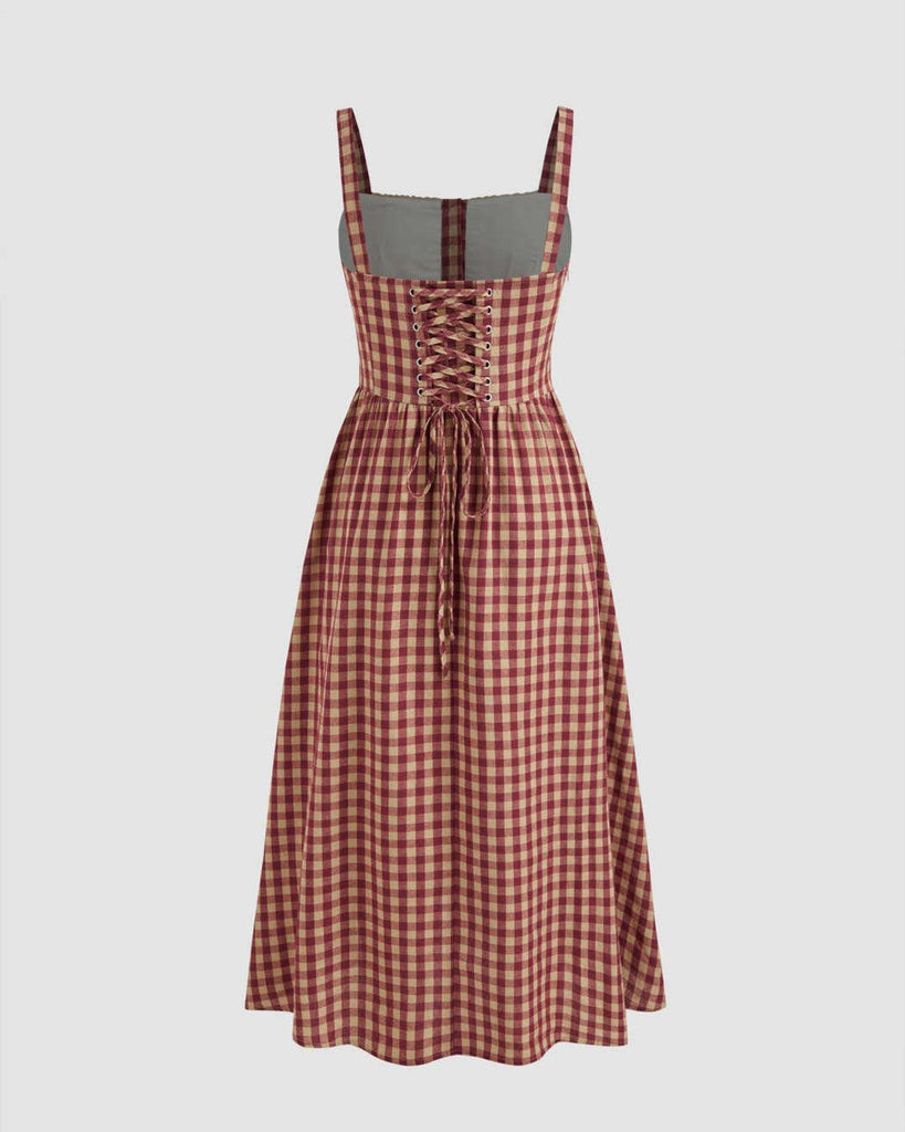 Back of A red and white checkered maxi dress with a square neckline, showcasing a classic gingham pattern.