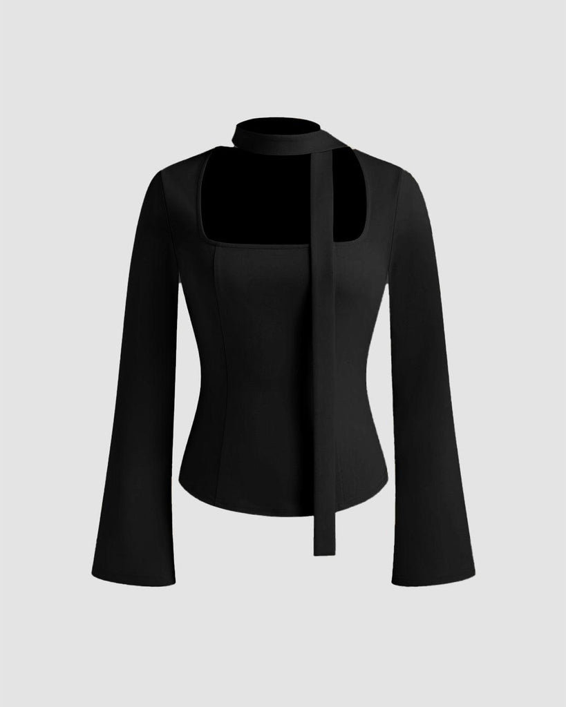 Black long sleeve top with a square neck and a tie scarf detail.