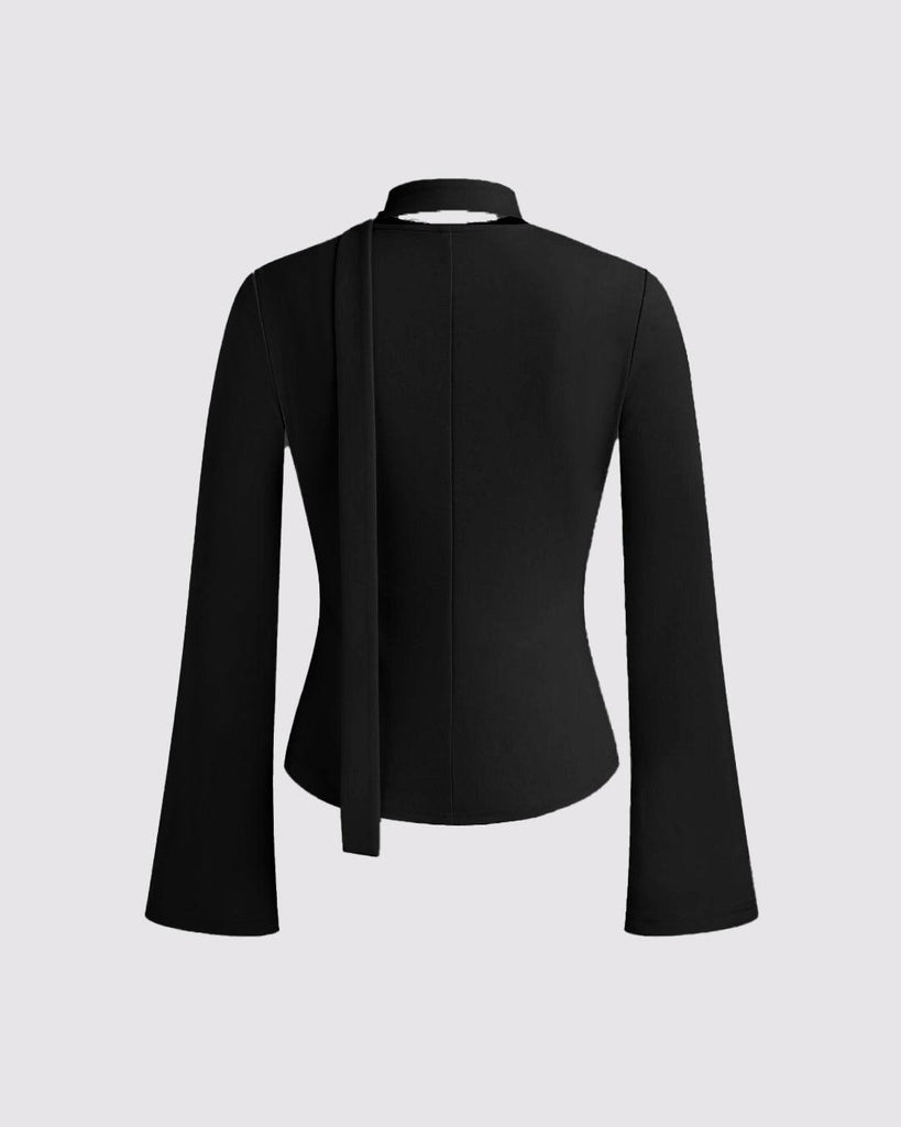 Back of Black long sleeve top with a square neck and a tie scarf detail.