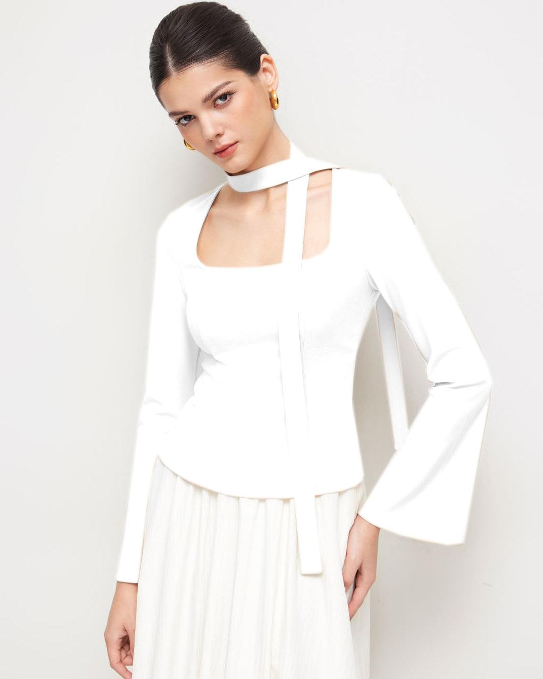 Square Neck Long Sleeve Top With Scarf In White