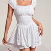 A white off shoulder double layer short sleeve dress with square neck on look perfect for summer look and casual look.