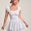 Square Neck Double Layer Short Sleeve Dress In White Front View for Women | Littlebox India