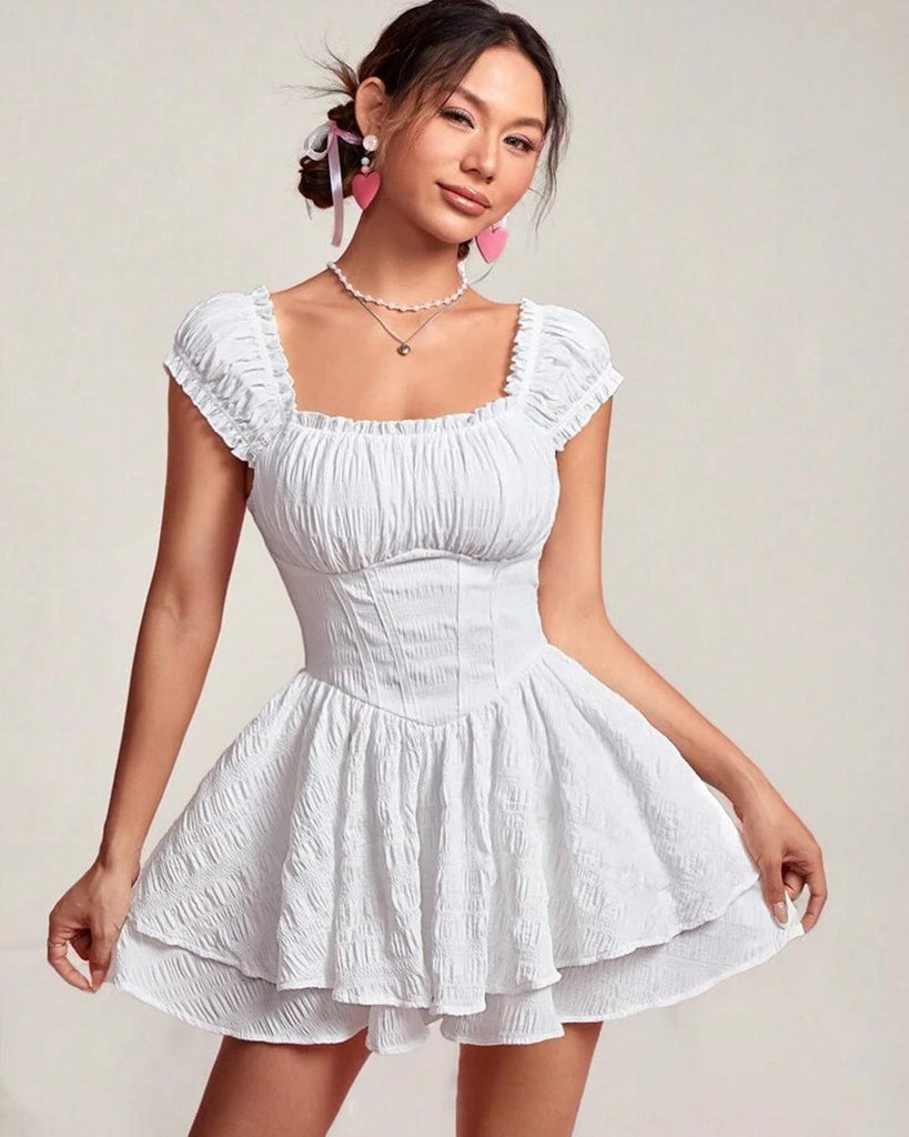 A white off shoulder double layer short sleeve dress with square neck on look perfect for summer look and casual look.