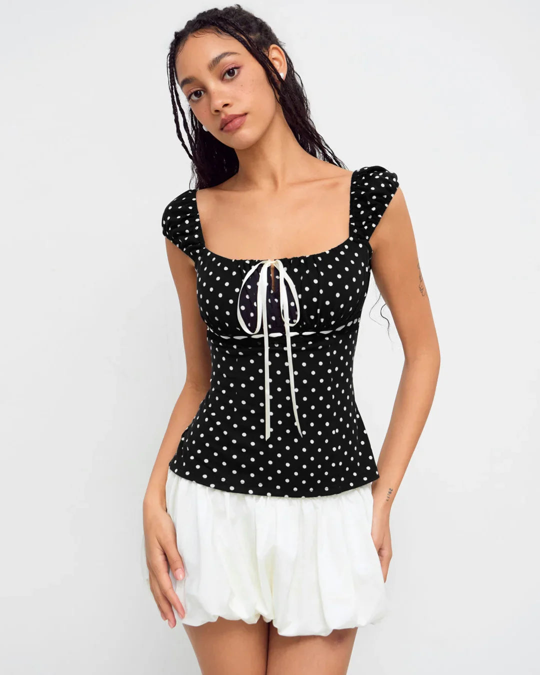 Square Neck Polka Dot Knotted Short Sleeve Top- Littlebox India