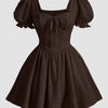 Square Neck Puff Sleeve A-Line Mini Dress in Chocolate Fondue Front View for Women | Littlebox India
