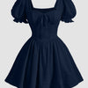 Square Neck Puff Sleeve A-Line Mini Dress in Navy Blue Front View for Women | Littlebox India