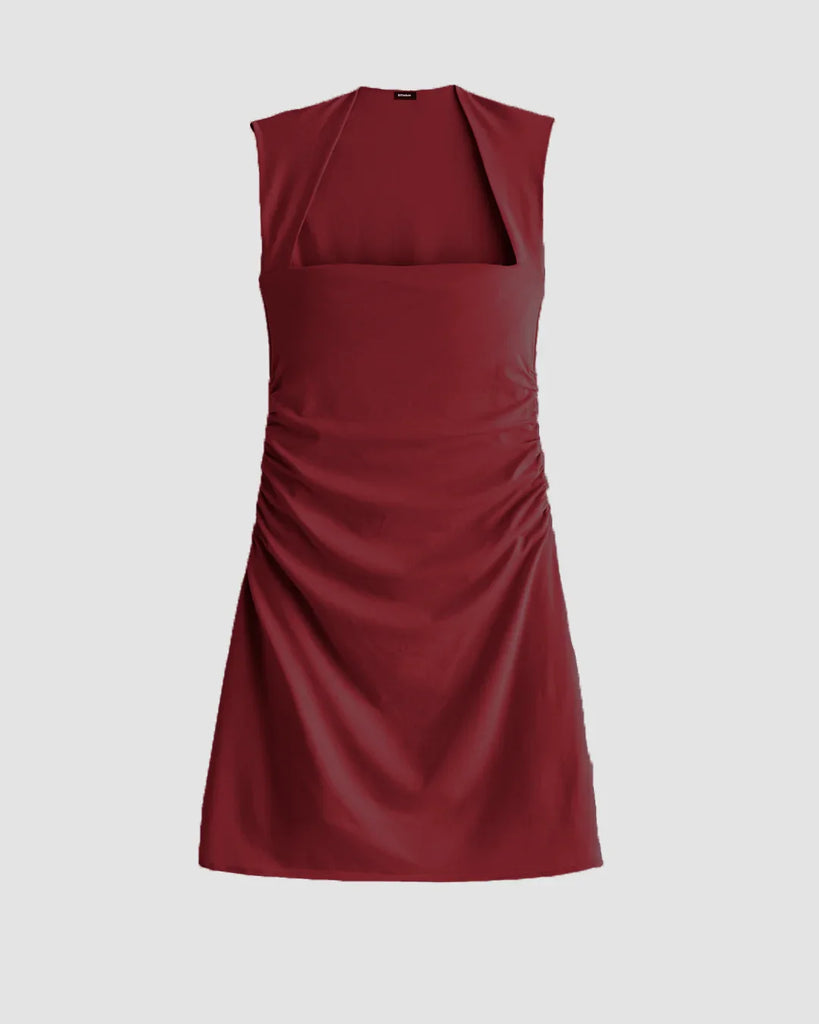 Maroon bodycon mini dress featuring a square neckline and ruched detailing