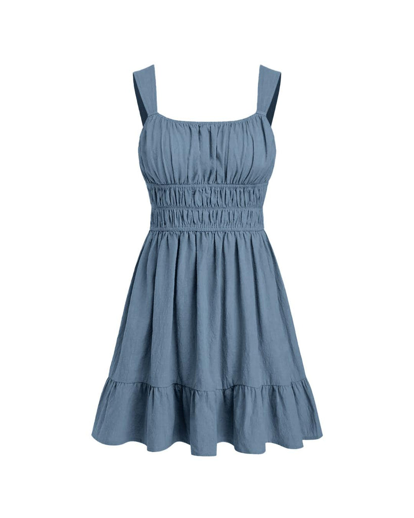 A charming blue mini dress featuring a structured square neckline, a ruched bust, and a sleeveless flare silhouette for a graceful, flowing look.