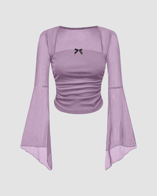 Front view of Lavender square neck long sleeve top with sheer mesh overlay, flared sleeves and small bow detail for a soft feminine look