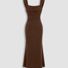Square Neck Ruched Shimmer Mermaid Maxi Dress in Brown Front View for Women | Littlebox India