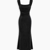 Square Neck Ruched Shimmer Mermaid Maxi Dress in Classic Black Front View for Women | Littlebox India