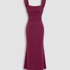 Square Neck Ruched Shimmer Mermaid Maxi Dress in Maroon Front View for Women | Littlebox India