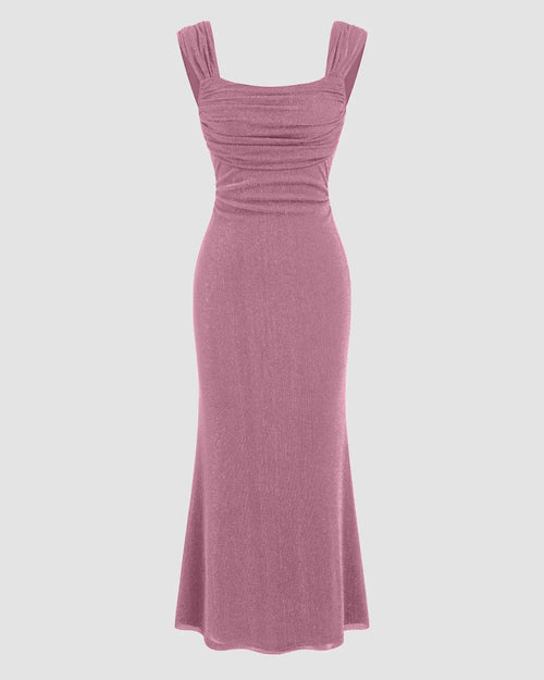 Front view of Pink square neck maxi dress with ruched bodice and shimmer fabric, featuring a fitted mermaid silhouette that flares at the hem